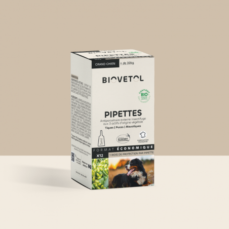 Pipettes anti-insectes Grand Chien +30 kg bio – 12 pipettes | Format économique