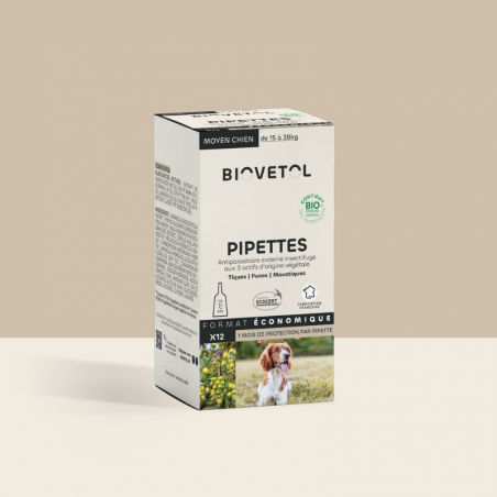 Pipettes anti-insectes Chien Moyen bio – 12 pipettes | Format économique