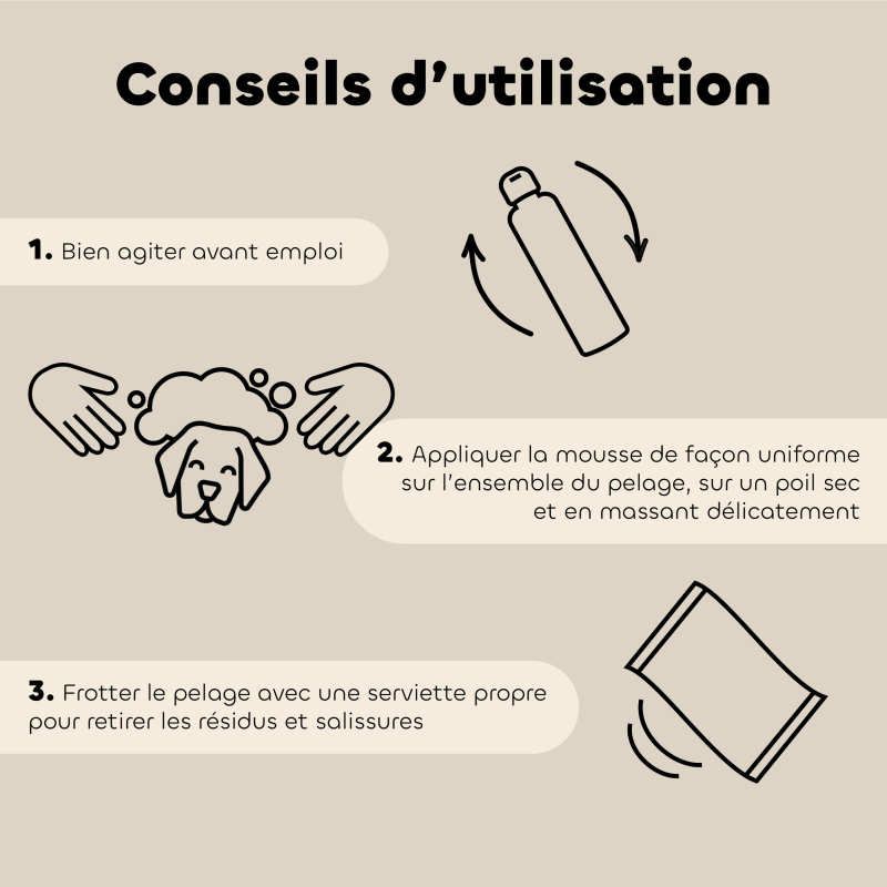 Shampooing Sec Anti-Odeurs pour Chien et Chat – Mousse Sans Rinçage bio conseils d'utilisation