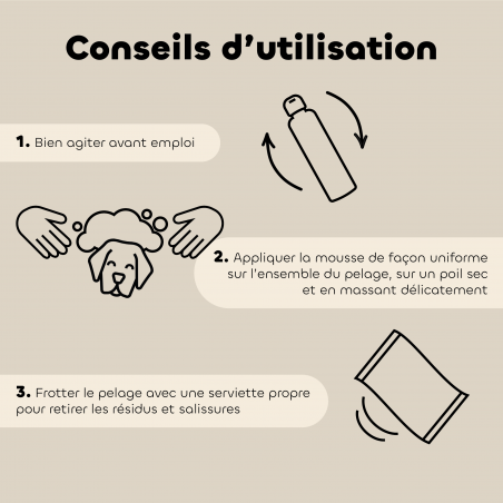 Shampooing Sec Anti-Odeurs pour Chien et Chat – Mousse Sans Rinçage bio conseils d'utilisation