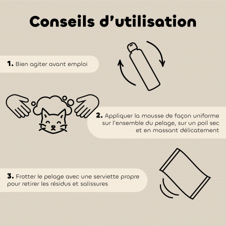 Mousse Lavante bioMousse Lavante pour Chien et Chat – Shampooing Sec Sans Rinçage bio conseils d'utilisation