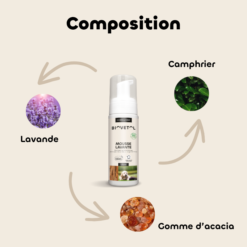 Mousse Lavante pour Chien et Chat – Shampooing Sec Sans Rinçage bio composition