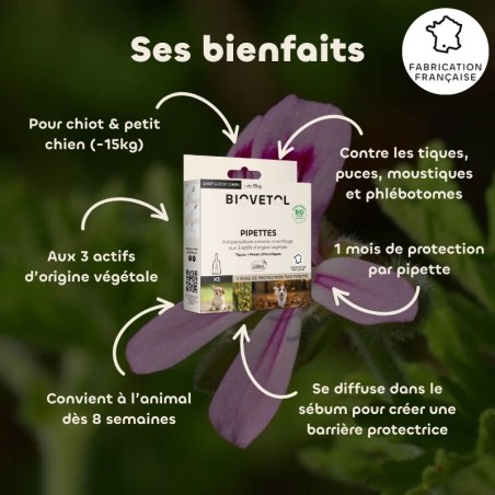 Biovetol- Pipettes antiparasitaire pour chiot et petit chien bio - puce tiques et moustiques