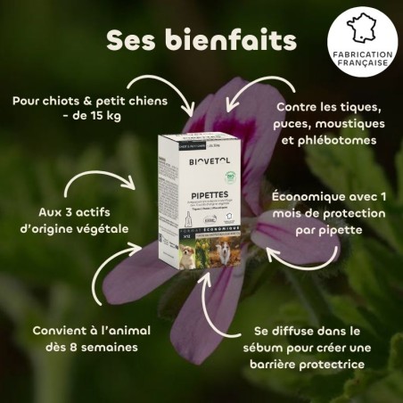 Biovetol- Pipettes antiparasitaire pour chiot et petit chien bio - puce tiques et moustiques