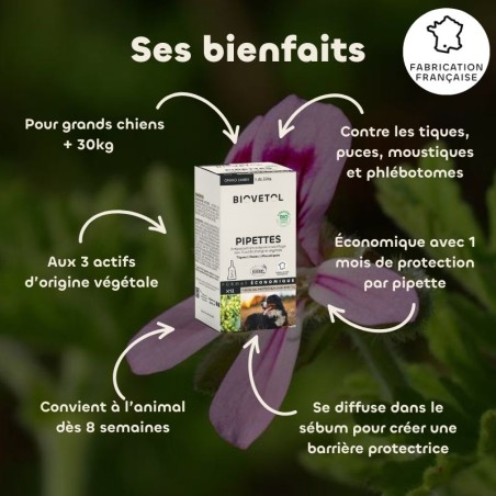 Biovetol- Pipettes antiparasitaire pour grand chien bio - puce tiques et moustiques