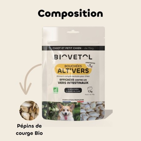 Bouchées Alt'Vers pour Petit Chien bio – Bien-être Intestinal composition