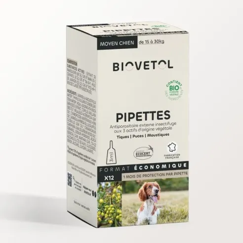 Pipettes anti-insectes Chien Moyen bio – 12 pipettes